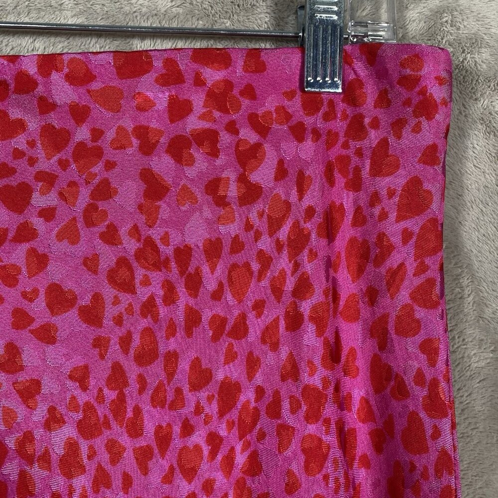 Loft Bias Midi Skirt Size M Pink Red All Over Heart Print Y2K 90s Flowy Romantic - Picture 7 of 13